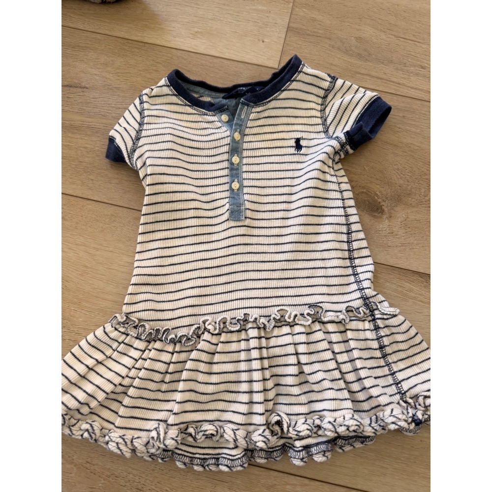 Polo Ralph Lauren Girls 2T Striped Henley Ruffle Dress Navy White Ribbed #195
